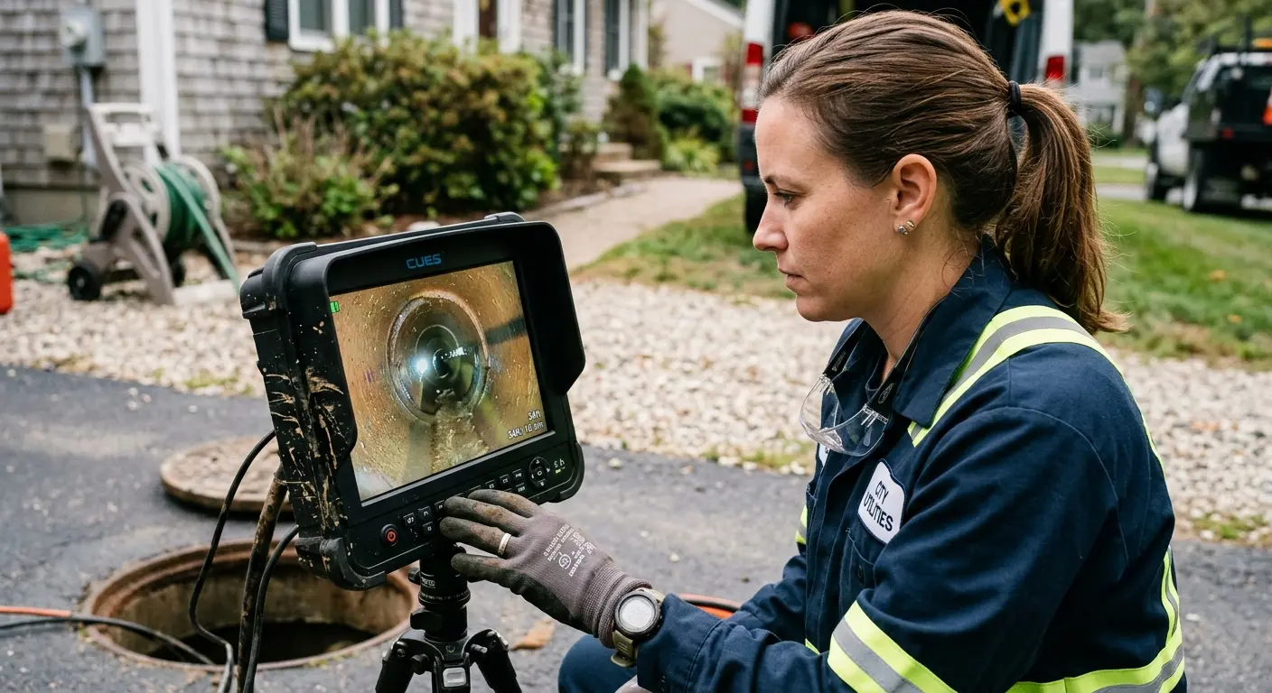 Technician reviewing sewer camera inspection footage in Carlstadt