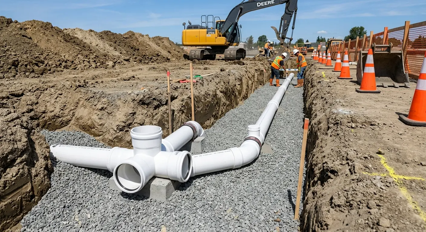 New PVC sewer pipe installation in open trench for Sewer Backup in Carlstadt