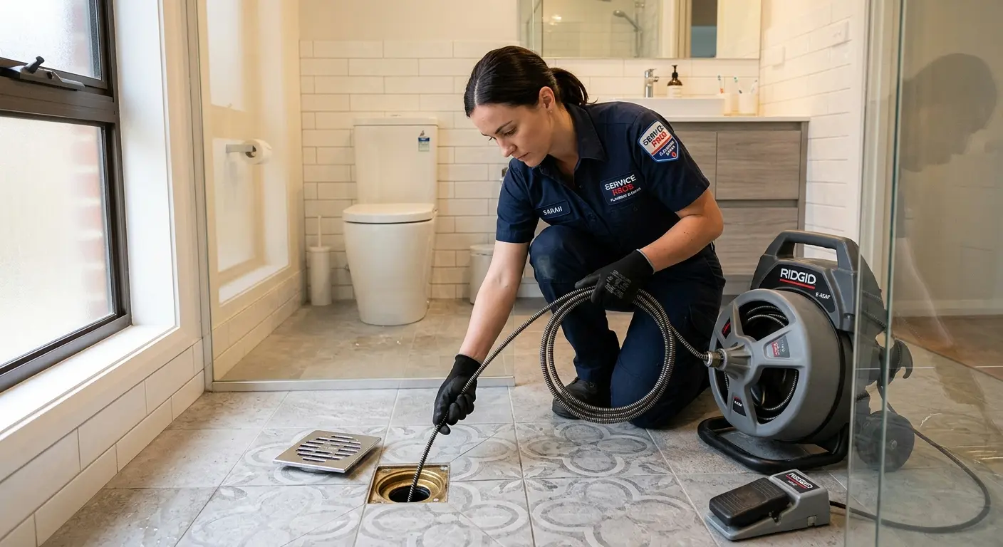 Technician clearing a bathroom floor drain for Sewer Line Replacement in Carlstadt